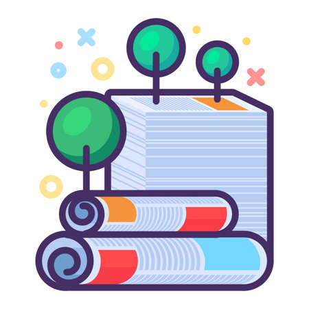 Recycle Paper Waste, Big Newspaper Stack with Trees On Top, Ecology and Green Environmental Protection Concept. Flat Vector Illustrationのイラスト素材