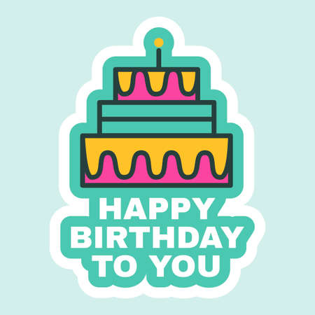 Birthday Cake Sticker, Cute Holiday Festive Bagde Flat. Cartoon Birthday Decoration for Postcard or Greeting Card Design. Party Invitation Vector Illustrationのイラスト素材