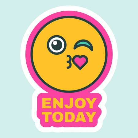 Enjoy Your Day, Creative Sticker Flat Vector Illustration. Chat Message Element Design with Smiling Face Element, Comic Greeting Card, Birthday Card or Invitation Decoration Designのイラスト素材