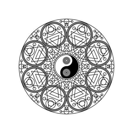 Yin Yang Symbol in Eastern Geometric Pattern Circle Isolated on White Background Vector Illustration. Traditional Mandala Sign for Yoga or Meditation Conceptのイラスト素材