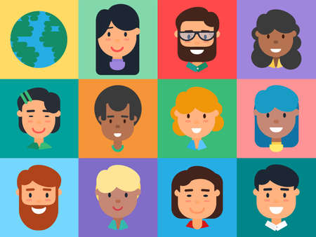 People Avatars Set, Diverse Men and Women Faces. Flat Vector Illustration of Caucasian, African...
