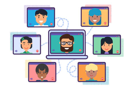 Video Conference Concept. Mix Race Team Online Meeting Making Video Call Flat Vector Illustration. Group of Cartoon Diverse Business People on Computer Screens Talking, Web Communication Conceptのイラスト素材