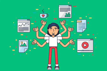 Asian programmer at work. Eastern seo specialist or freelancer with many hands programming new database or application coding. Web designer, developer and it engineer concept flat vector illustrationのイラスト素材