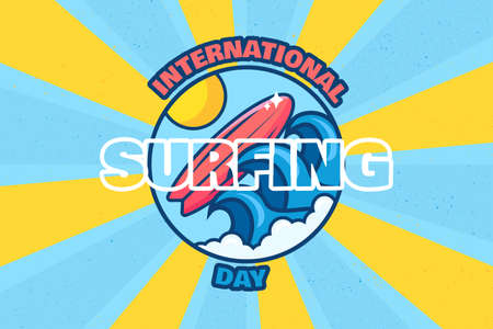 International surfing day retro banner design. Summer surf event party and celebration placard in retro style. 20 june holiday, tropical active vacation and hawaii water activity. Vector illustrationのイラスト素材