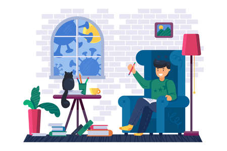 Stay at home campaign. Corona virus prevention concept. Man at home with cat alone sitting and reading or studying. Covid quarantine, isolation and social distancing. Flat vector illustrationのイラスト素材