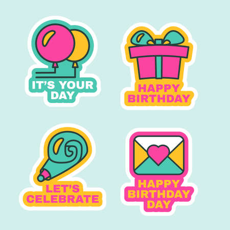 Birthday Labels Isolated, Comic Stickers Set Flat Design Vector Illustration. Cute Funny Elements with Holiday Decorations for Print, Greeting Card, Messaging, Party Invitation Designのイラスト素材