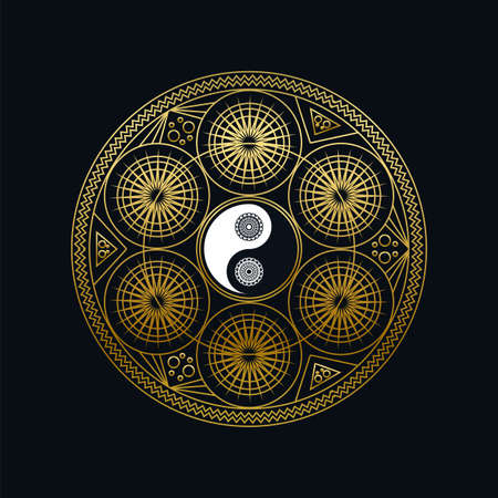 Meditation Icon Template with Golden Yin Yang Sign In Mandala Outline on Black Background Linear Vector Illustration. Traditional Oriental Symbol Design. Asian Culture and Balance Conceptのイラスト素材