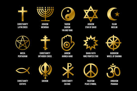 Set of religious signs. Collection of golden symbols for different religion and faith isolated on...