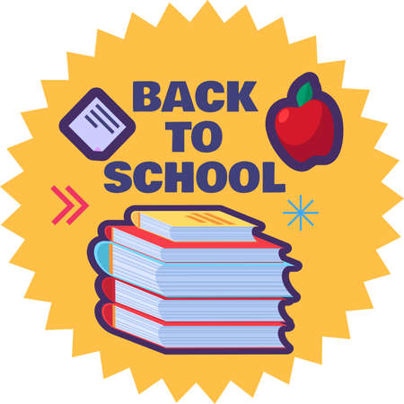 Back to school label with stack of books. Cute cartoon sticker for first of september and education concept. Template vector illustration isolated on white backgroundのイラスト素材