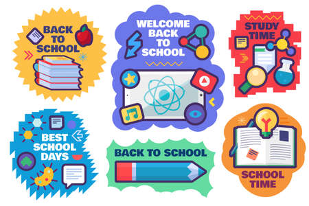 Back to school set of cute stickers with school supplies isolated on white background.のイラスト素材