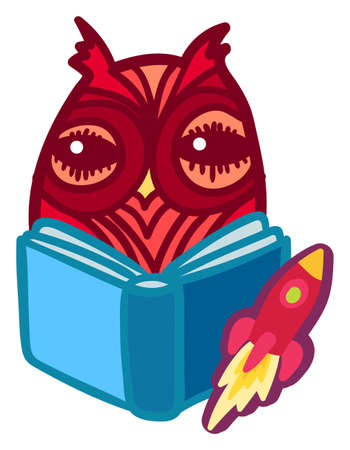Funny owl reading book. Cute school label on white background isolated. Cute bird studying or teaching hold book open. Cartoon sticker with education concept. Vector illustrationのイラスト素材