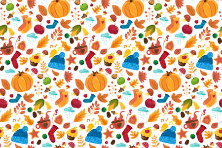 Autumn pattern with cute fall symbols ornament: knitted socks, hat, pumpkin, tea cups on white...