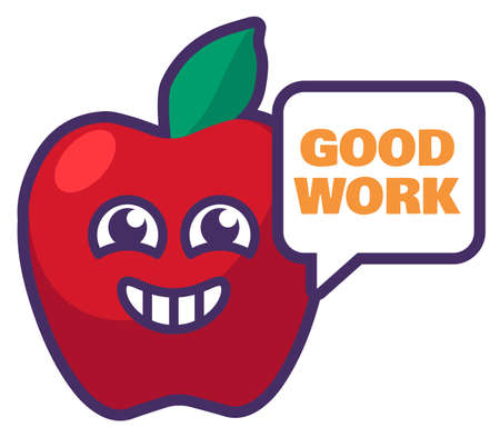 Good work reward sign. School appreciation mark label with funny smiling apple. Sticker with job mark for teacher. Cartoon school award. illustrationのイラスト素材