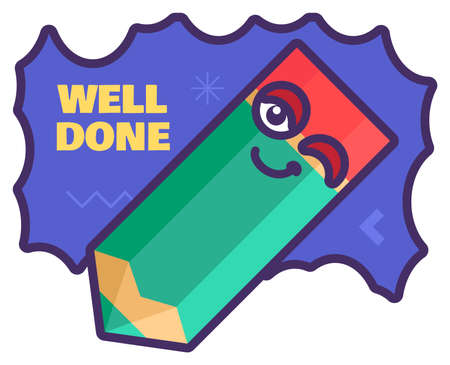 Well done education sign, cute school reward for teacher and primary school students. Funny sticker for pupil notebook and homework award. illustrationのイラスト素材