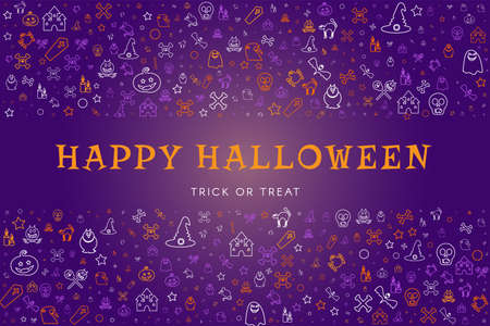 Happy halloween cute doodles background for party decoration or website design. Halloween poster with traditional holiday symbols. Vector illustrationのイラスト素材