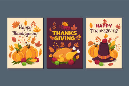 Happy thanksgiving, traditional holiday greeting cards setのイラスト素材