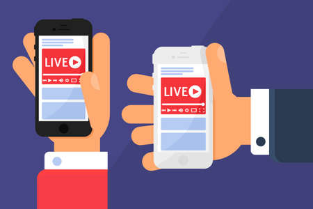 Mobile live stream in hands concept illustration. Broadcast business news. Online streaming on smartphone screen. Modern semi flat design. Vector isolated color drawingのイラスト素材