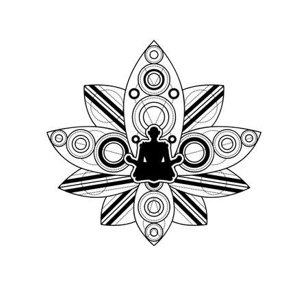 Human Silhouette with Lotus Flower Vector Template. Yoga Label Isolated with Female Meditation in Lotus Outline on White Background. Relaxation and Wellness Illustrationのイラスト素材
