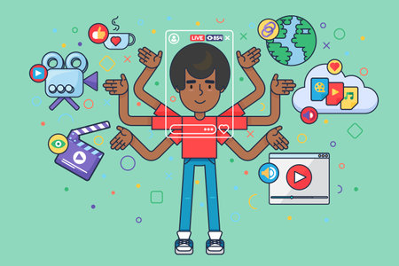 Male blogger lifestyle semi flat concept illustration. Afro boy cartoon character creates online storytelling. Social live stream producing podcast. Vector isolated color drawingのイラスト素材
