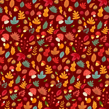 Autumn leaves and mushroom seamless pattern vector. Acorn and walnut, forest wild berry and rosehip, fly agaric and eatery boletus. Natural botany and organic flora flat cartoon illustrationのイラスト素材