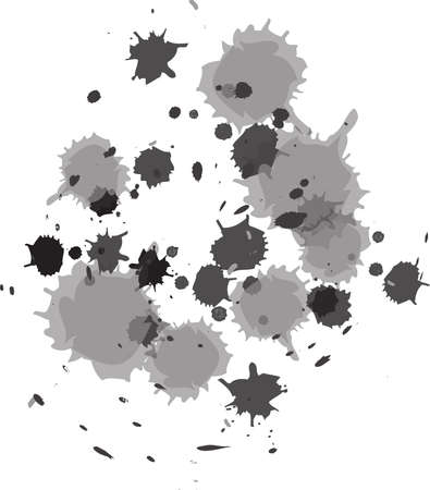 Splatter messy splash spot gray monochrome vector. Liquid painting ink drip drop, splashing artistic dirty grunge abstract blot design concept. Splattered black dot flat cartoon illustrationのイラスト素材