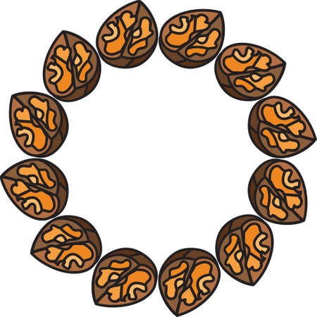 Walnut tree natural unpeeled season food vector round frame. Nut kernel cut piece in nutshell, delicious vegetarian freshness snack. Vitamin raw healthy shelled nutrition flat cartoon illustrationのイラスト素材