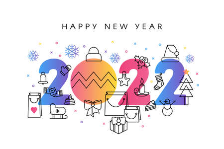2022 happy new year celebration banner vector. Winter holiday celebrative number decorated present box and shopping bag, santa claus sleigh and hat. Merry christmas decor flat illustrationのイラスト素材