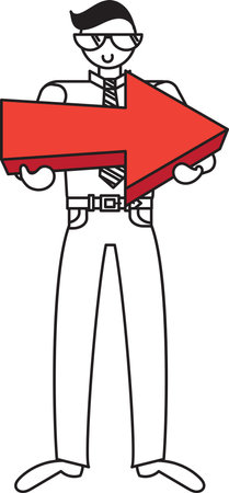 Businessman holding arrow showing direction vector. Smiling business man wearing spectacles pointing goal achievement way. Leadership vision and aspiration flat cartoon illustrationのイラスト素材