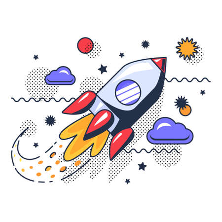 Flying space rocket transport in universe vector. Spaceship fly with high speed in sky to star and moon. Spacecraft travel to cosmos for research and discovery flat cartoon illustrationのイラスト素材
