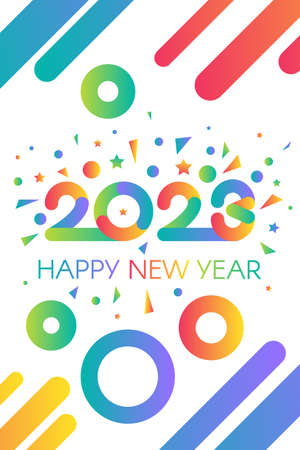 2023 happy new year invitation card banner vector. Design number two thousand twenty three with greeting phrase decorated with confetti explosion. Poster on festive party flat cartoon illustrationのイラスト素材