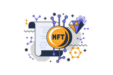 Nft certificate crypto sold and trading vector. Diamond jewelery gemstone and paper list with cryptocurrency information. Innovation electronic commerce and payment flat cartoon illustrationのイラスト素材