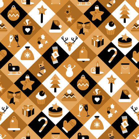 Xmas decoration boho style seamless pattern vector. Gift box and creamy cake, santa claus costume and bag, bell and fir tree toy decor, burning candle and sock. flat cartoon illustrationのイラスト素材