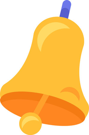 Bell jingle school golden accessory ring vector. Gold handbell ringing sound and calling on educational lesson in classroom. Metallic supply with clapper for alertness flat cartoon illustrationのイラスト素材