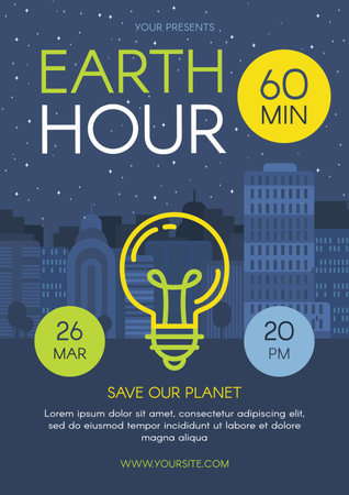 Earth Hour day poster with silhouette of night city against background of starry sky and lights turned off in windows. Environment care, eco friendly. Template for printing, announcement poster. vectorのイラスト素材