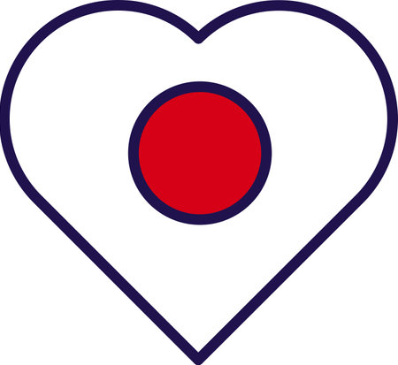 Japan country national flag in heart shape vector. Official and patriot symbol of freedom in love shape. Rectangular white banner bearing crimson-red circle flat cartoon illustrationのイラスト素材