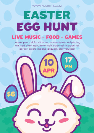 Happy Easter event poster with Easter bunny. Template for printing, announcement poster for inviting guests to celebration of traditional holiday, live carnival. Vectorのイラスト素材