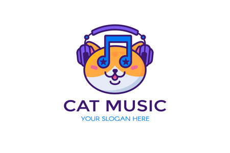 Logo of cute ginger DJ cat in Head Phones. Symbol emblem for design decoration, brand name of music company. Vector thick stroke isolated on white backgroundのイラスト素材