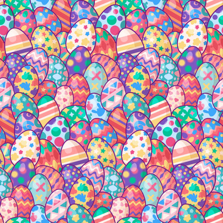 Festive Easter decorated eggs ornament. Happy funny painted chicken egg. Flat cartoon flying eggs seamless patternのイラスト素材