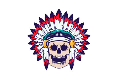 Human skull in feathered national headdress of Indian chief. Ritual element of clothing. Traditional headgear for design of cartoon illustration. Cartoon vector isolated on white backgroundのイラスト素材