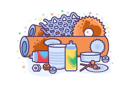 Pile of iron cans and waste metal industry. Heap of Rusty Metal Products. Iron, metal waste pollution problem. Simple cartoon outline vector isolated on white backgroundのイラスト素材