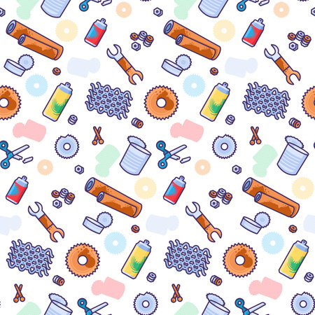 Rusty unwanted metal objects seamless pattern with wrench, nail, razor, gear, sheet, scissors, cut, pipes. Ornament for printing on fabric, cover and packaging. Vector isolated on whiteのイラスト素材