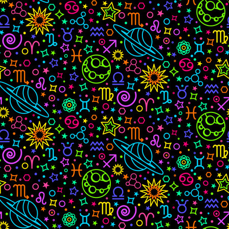 Astrological zodiac signs neon seamless pattern with main icons planets and symbols of natural elements. Ornament for printing on fabric, cover and packaging. Vector isolated on black backgroundのイラスト素材