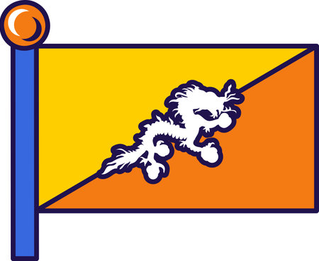 Bhutan country flag on flagpole for registration of solemn event, meeting foreign guests. Bhutan national independence day. Simple vector isolated on white backgroundのイラスト素材