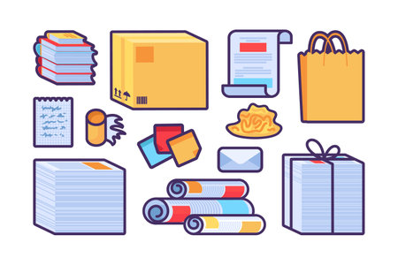 Set of broken Unwanted Paper Objects. Items out of use and subject to disposal. Recycling of Paper and cardboard industrial products. Simple cartoon outline vector isolated on white backgroundのイラスト素材