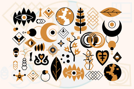 Luxury sacred symbols collection. Magical icons and mystery knowledge. Mystic black and gold signs in boho style. Secret sacred vector elements isolated on white background for decorationのイラスト素材