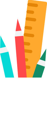 Set of stationery for drawing and sketching. Pencils, ballpoint pen and wooden ruler in plastic cup. Student tools and stations. Simple colored flat vector icon isolated on white backgroundのイラスト素材