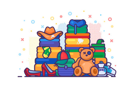 Pile of old fabric, clothes and toys. Heap of products of textile industry. Textile fabric waste pollution problem. Simple cartoon outline vector isolated on white backgroundのイラスト素材