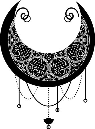 Black moon crescent symbol with decorative ornament. Mystic symbol in boho style. Magic spa, manicure, jewelry store element. Sacred vector sign isolated on white backgroundのイラスト素材