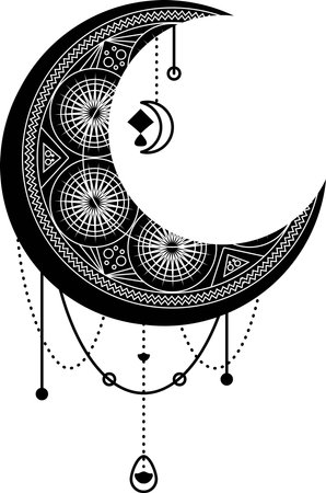 Black moon crescent symbol with decorative ornament. Mystic symbol in boho style. Magic spa, manicure, jewelry store element. Sacred vector sign isolated on white backgroundのイラスト素材