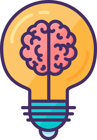 Hemispheres of human brain with convolutions inside an creativity lightbulb. Brainstorming, sudden idea and thought process. Flat symbol with stroke isolated on white vectorのイラスト素材